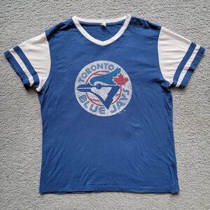 Rare Classic Logo Toronto Blue Jays Vintage-Style Ringer V-neck T MENS SIZE L